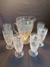 Jeannette Clear Iris And Herringbone Water Picher And 6 Tumblers #41