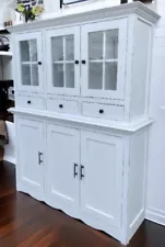 Modern Farmhouse Kitchen Cupboard Cabinet Solid Wood Glass Door 2 PC White Hutch