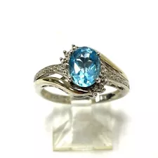 925 And 10K Two Tone Sterling Silver Blue Topaz & Diamond Accent Ring 2.9 Grams