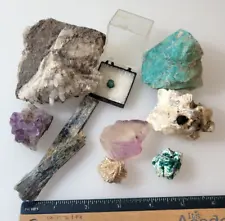 Small Rock and Crystal Collection 9 Items Including Rough Emerald Rose de Sable