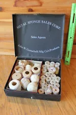 Metal Sponge Sales Corp Box for salesman samples & Vintage wooden thread spools