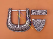 Antique Silver Western Floral Engraved Belt Buckle Set Fits 1 1/2" Wide Straps