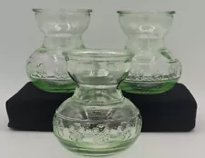 LOT OF 3 Green Glass Bulb Forcing Vase Embossed Flower Motif - Tulip, Hyacinth