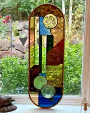 VTG Art Deco Stained Glass 21" Beveled Oblong Window Panel w/ Hanging Chains