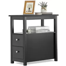 Black End Table with 2 Drawer and Open Shelf Narrow Side Table for Living Room