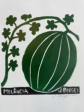 NEW - J. Borges Watermelon Block Print, 9.5" x 13', Brazilian woodcut art