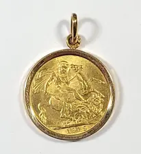 1919 British Gold Sovereign in 19k Yellow Gold Bezel Pendant