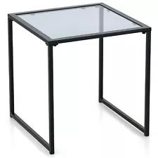 Outdoor 17" Tempered Glass End Coffee Table Patio Side Table for Porch Garden