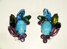 Vintage NWT Juliana Art Glass Black Rhodium Clip Earrings