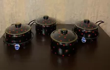 4 Ceramic Dotted Pots with Lids for Bake and 2 Wrought Iron Stand Japan