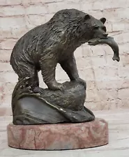 Grizzly Bear Salmon Fishing Alaska Wildlife Art Bronze Marble Statue Sculpture