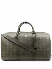 MCM Traveler Monogram print Duffle Bag Green Travel Leather Handbag Authentic NE