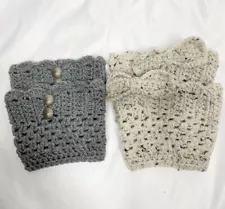 2 Pair Handknit Boot Cuffs Grey Ivory Bow Buttons Crochet Handmade