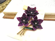 Vintage Purple Green Enamel Gold Tone Rhinestone Flower Bouquet Brooch Pin C49