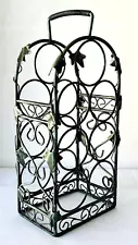 7 Bottle Wine Rack Table Top Wrought Iron Ivy with Handle Teal Painted on Black