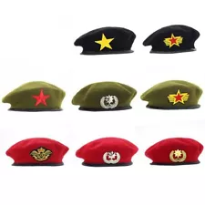 Emblem Berets Army Cap - Wool Trilby Chapeau Unisex Fashion Adjustable Headwear