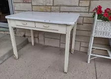 Vintage Shabby White Porcelain Farmhouse Kitchen Food Prep Table w/ Drawers