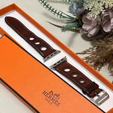 HERMES Apple Watch 45/44/42mm Brown Leather Band Single Tour Fauve Used with Box