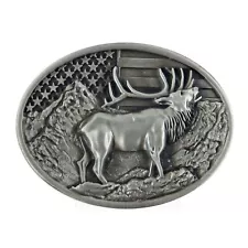 Elk Deer American Flag Belt Buckle USA Hunter Antique Silver Fits 1.5" Belts