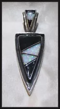 SIGNED STERLING SILVER BLACK ONYX SYNTHETIC OPAL INLAY TRIANGLE PENDANT- VERY SH