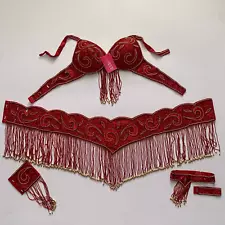 Red & Gold Professional Belly Dance Costume Bra/Belt Set 33"B or C | 40" Hip Max