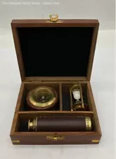 Antique Nautical Lot: Telescope, Sand Timer, Compass in Wooden Box