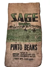 Vintage sage brand pinto beans 100 lb burlap jute sack bag 36" x 19"