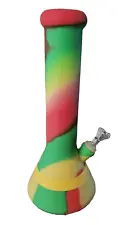 12" Rasta Silicone Bong Straight Tube Water Pipe w/ Bowl & Ice Catcher