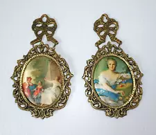 Vintage Art Deco Picture Cast Brass Frame Wall Hanging Silk Screen Printing Pair