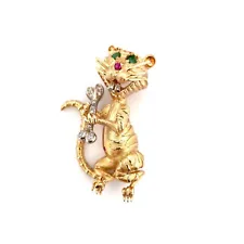 18K Yellow Gold Kitschy Saber Tooth Tiger Brooch Diamonds Emeralds Rubies 18.4g