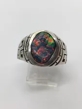 Vintage 925 Sterling Silver Large Black Opal Ring Greek Key Marked AB Mexico