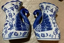 *BLAUW DELFT* HAND PAINTED *POTTERY /PLANTERS* SWAN VASES PAIR