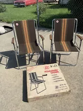 Vintage Pair Zip Dee AIRSTREAM RV Folding Wood Arms Camping Chairs 1970s IN BOX!