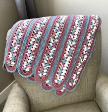 Crochet Blanket Afghan Handmade Baby Pink Blue Retro Grannycore Throw Shower