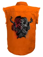 Mens Orange Denim Sleeveless Gunslinger Skeleton Motorcycle Shirt