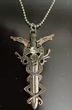 VTG Medieval Gothic Dual Dragons Sword Pendant Silver/Bronze/Crystal - 24" Chain