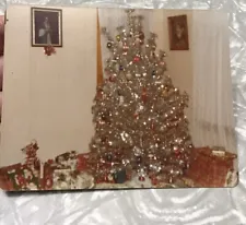 Vintage Photo Snapshot Christmas Tree Aluminum Silver Pompom Lots Of Presents