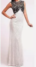 $425 White Lace Black Rhinestone beaded Prom Pageant Dress ball gown 6 M mermaid