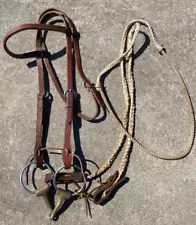 Used Western horse bridle w/harness leather headstall, snaffle bit, roping reins