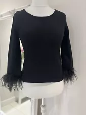 Jacques Vert Top size 12 Black with Ostrich Feather Trim Cuffs