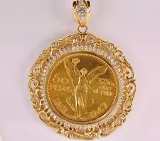 14kt Gold Pesos Moneda Mexican Coin CZ Filigree Men's CENTENARIO Pendant 50.2 gr