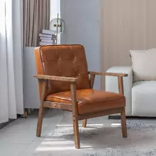 Mid Century Modern Accent Chair, Retro Wood Leather Armchairs Side Chair, Lounge