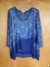 ONE WORLD Live & Let Live 1X Tunic Blue Speckle Embellish Layered Lined Sheer