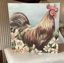 Hobby Lobby Rooster W/Flowers Canvas Painting Art Farmhouse Rustic Decor 12.5”