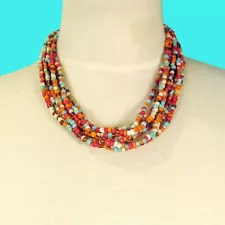 16" Multi Strand Red Multi Color Handmade Seed Bead Statement Necklace