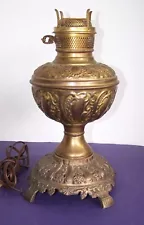 Antique Brass Oil Kerosene Table Lamp with Cast Metal Base