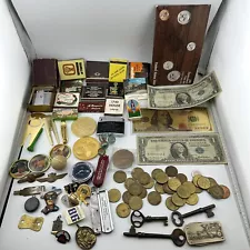 Estate Sale Junk Drawer Lot Coins, Matches , Silver Certificates, Pins, Tokens