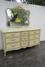 Drexel French Shabby Chic Painted Long Dresser Bathroom Vanity and Mirror 5584