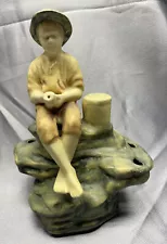 Weller Art Pottery Fisher Boy Fishing Flower Frog Figurine 1920 VTG Figure