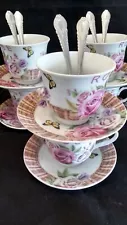 6 Cup 6 Saucer 6 Spoons Floral Tea Set ROSES BUTTERFLY Flower CLEARANCE SALE